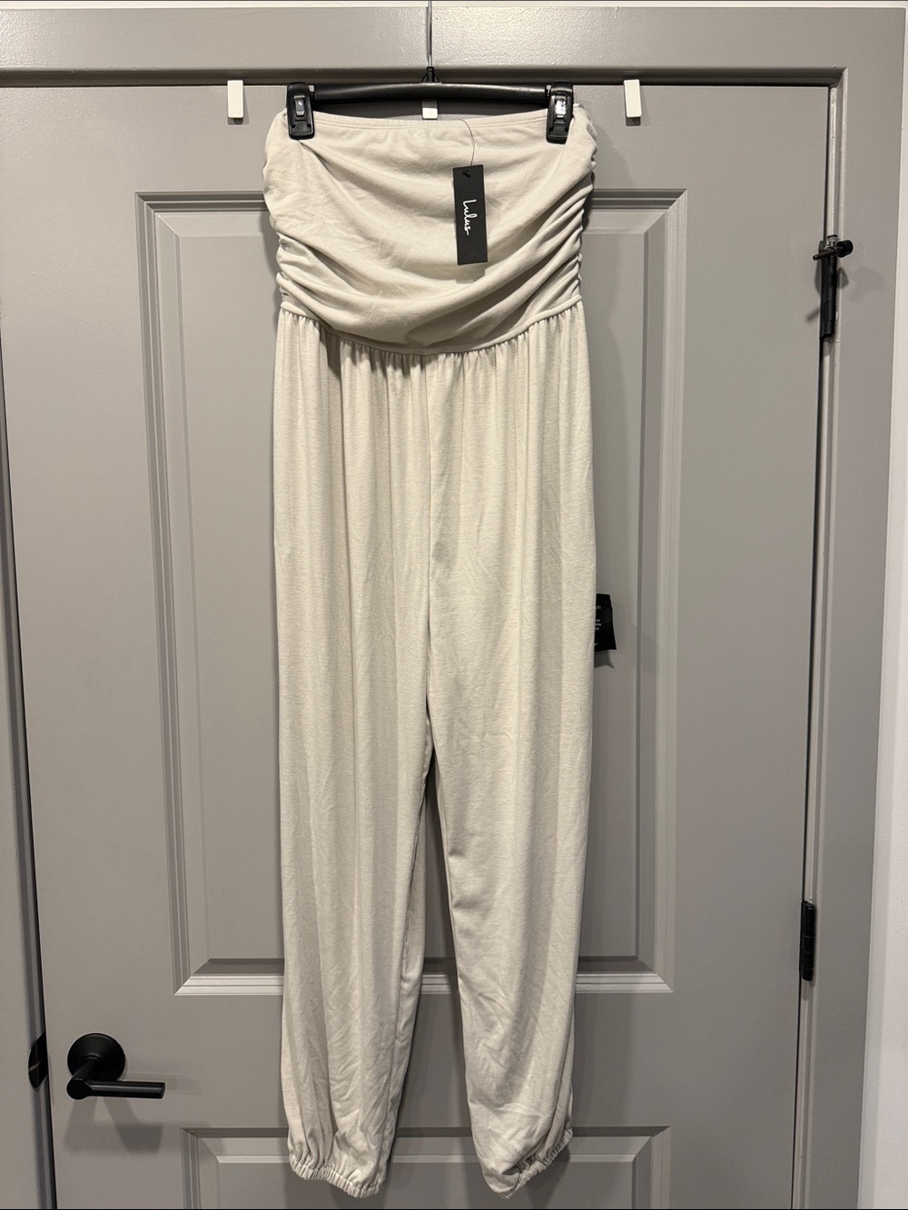 Lulu's Cream Strapless Jogger Jumpsuit